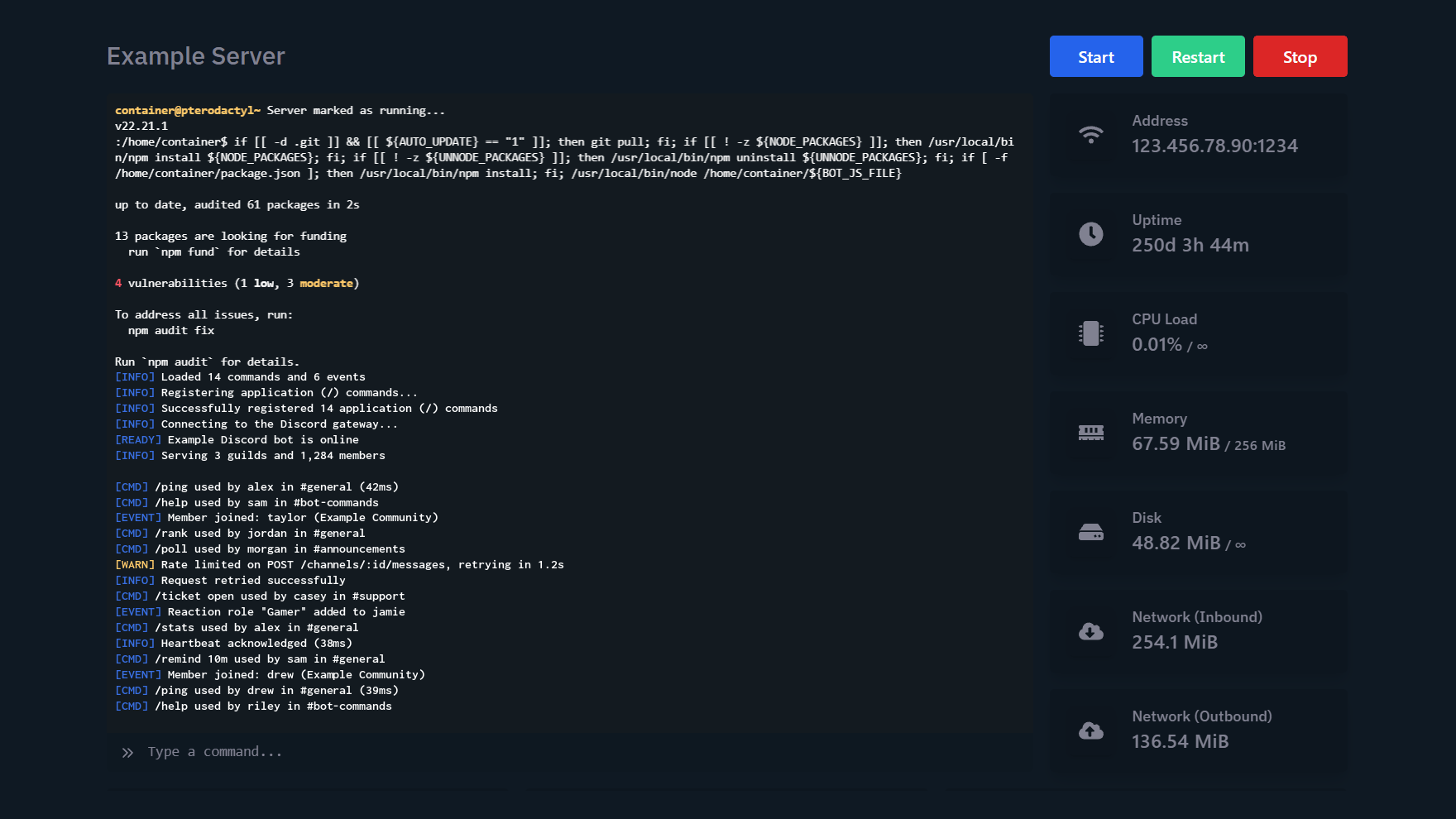 ServersNow control panel: Console screen